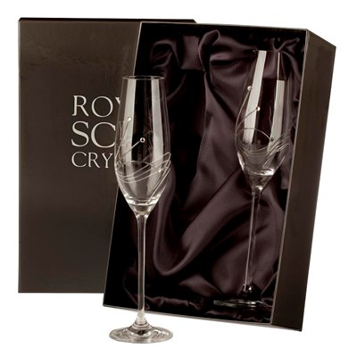 2 Royal Scot Crystal Champagne Flutes - Diamante - PRESENTATION BOXED
